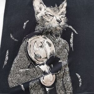 American Apparel Black Tee with Cream Cat Illustration